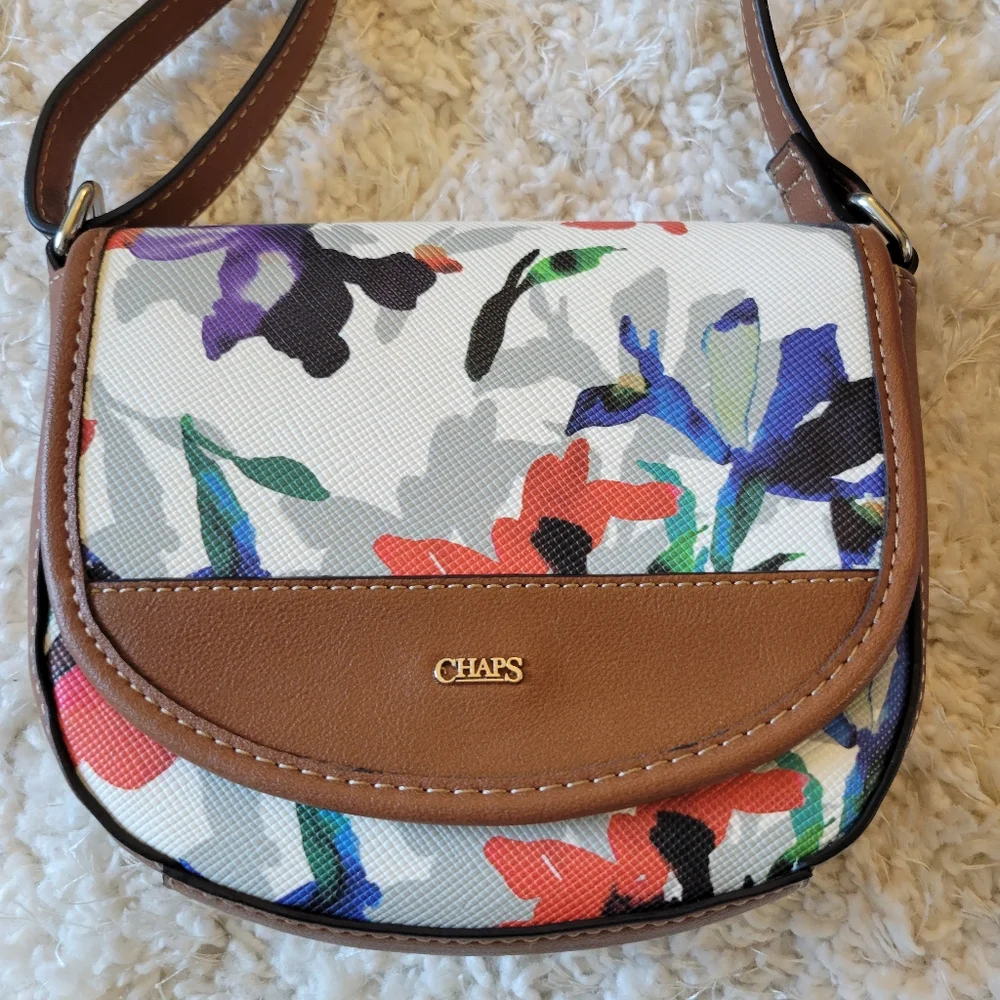 Chaps Watercolor Floral Crossbody Bag Purse‎ Faux Leather Flap Snap